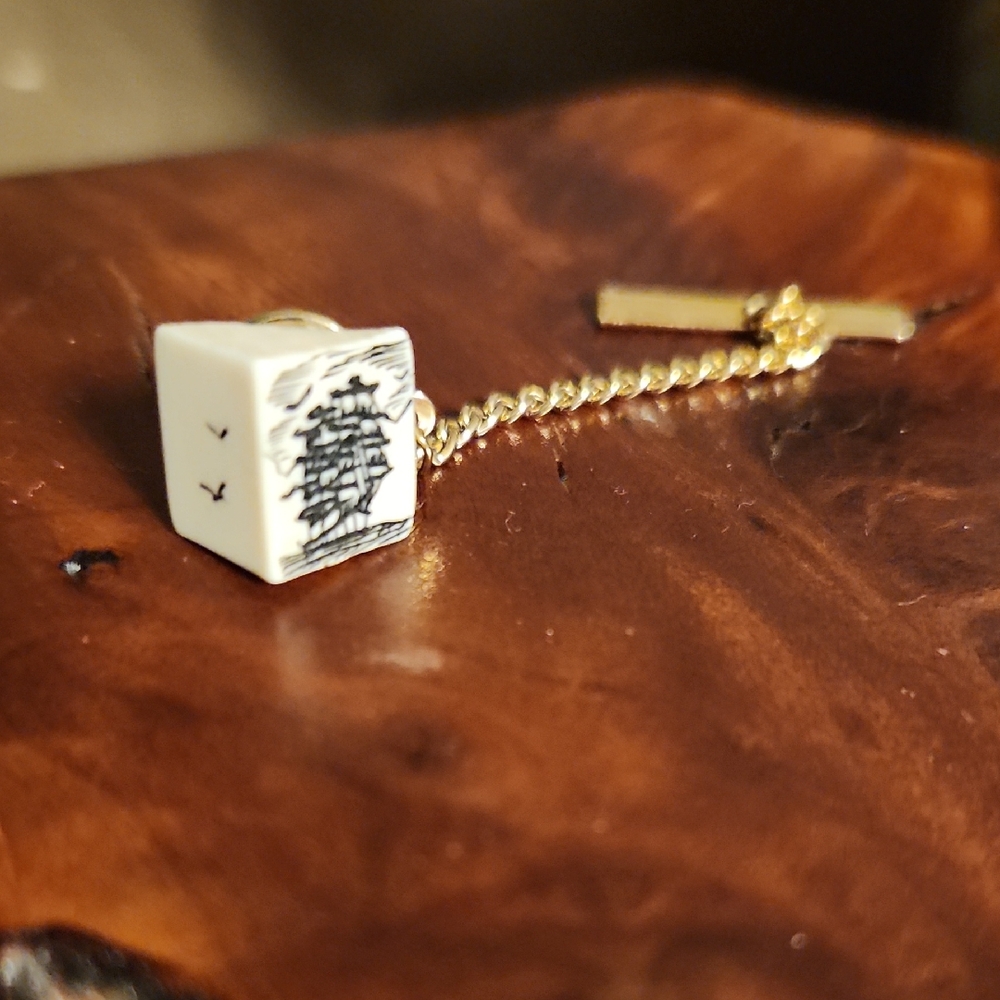 Scrimshaw Ship Scene Tie Tack Vintage